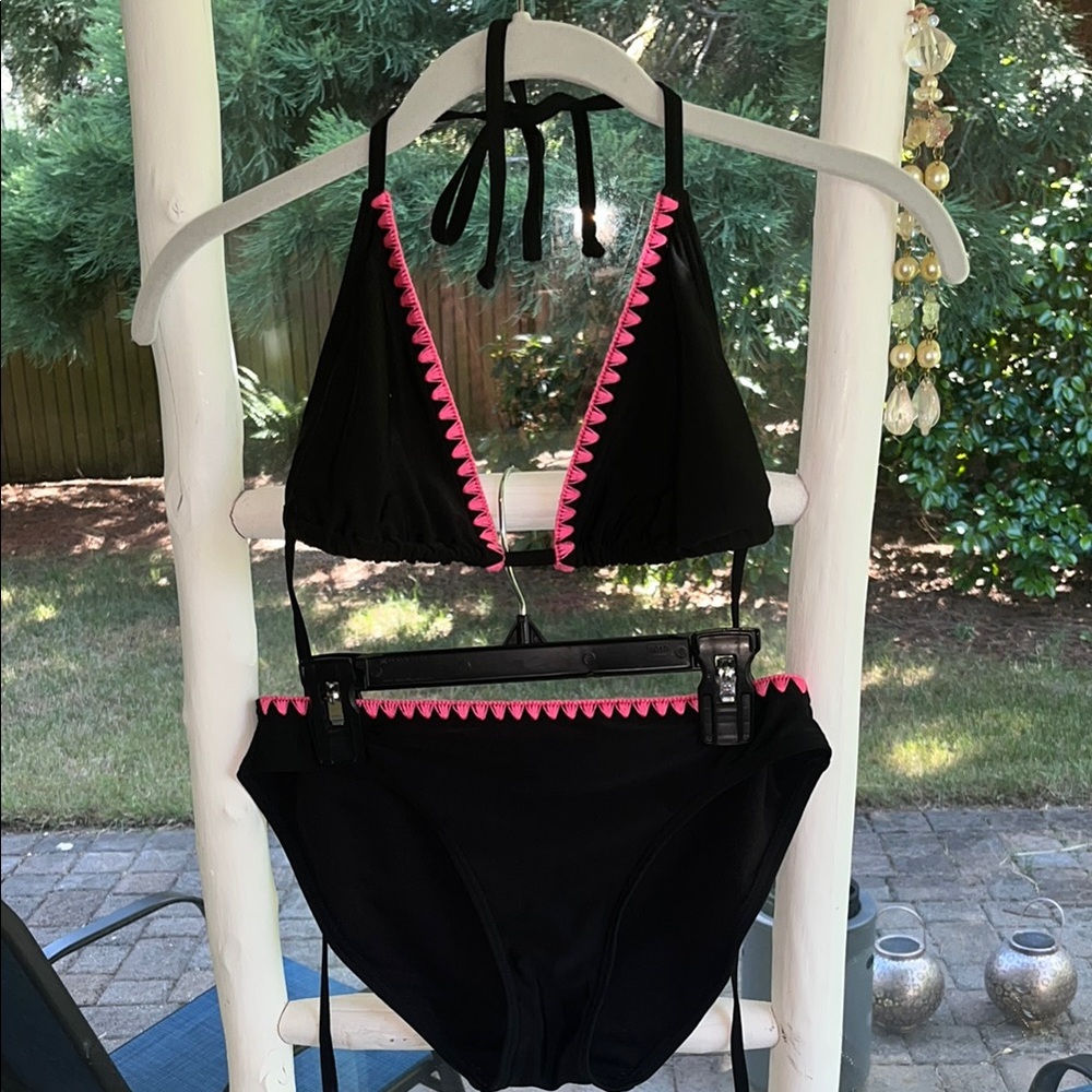 Black and Pink Plunging V-Neck Bikini with Crochet Trim